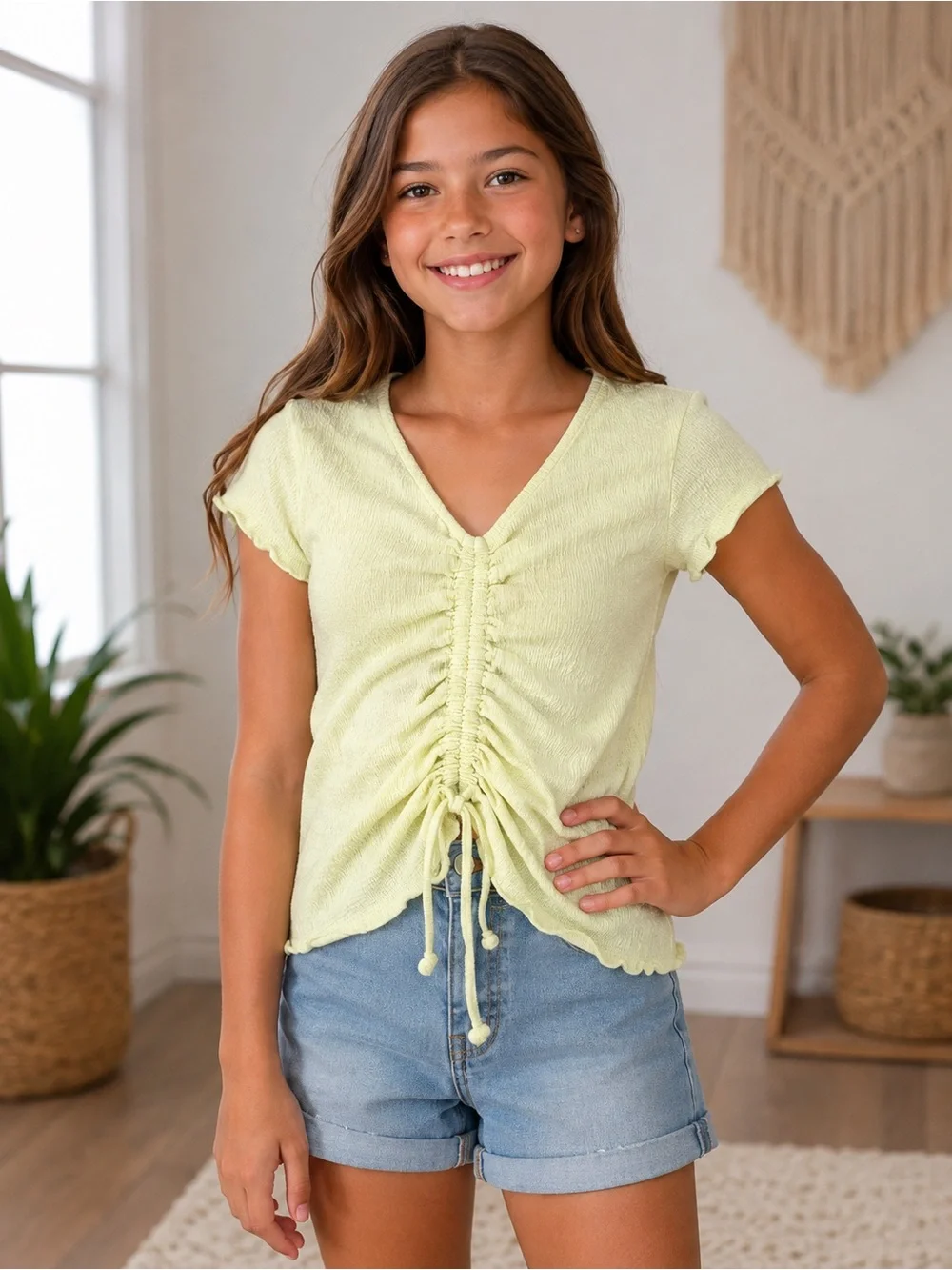 Jessica Simpson Light Yellow Ruched V-Neck Tee